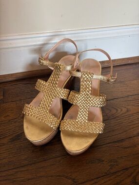 Kate Spade Tianna Rose Gold Braided Metallic Platform Cork Wedge Sandals 7.5